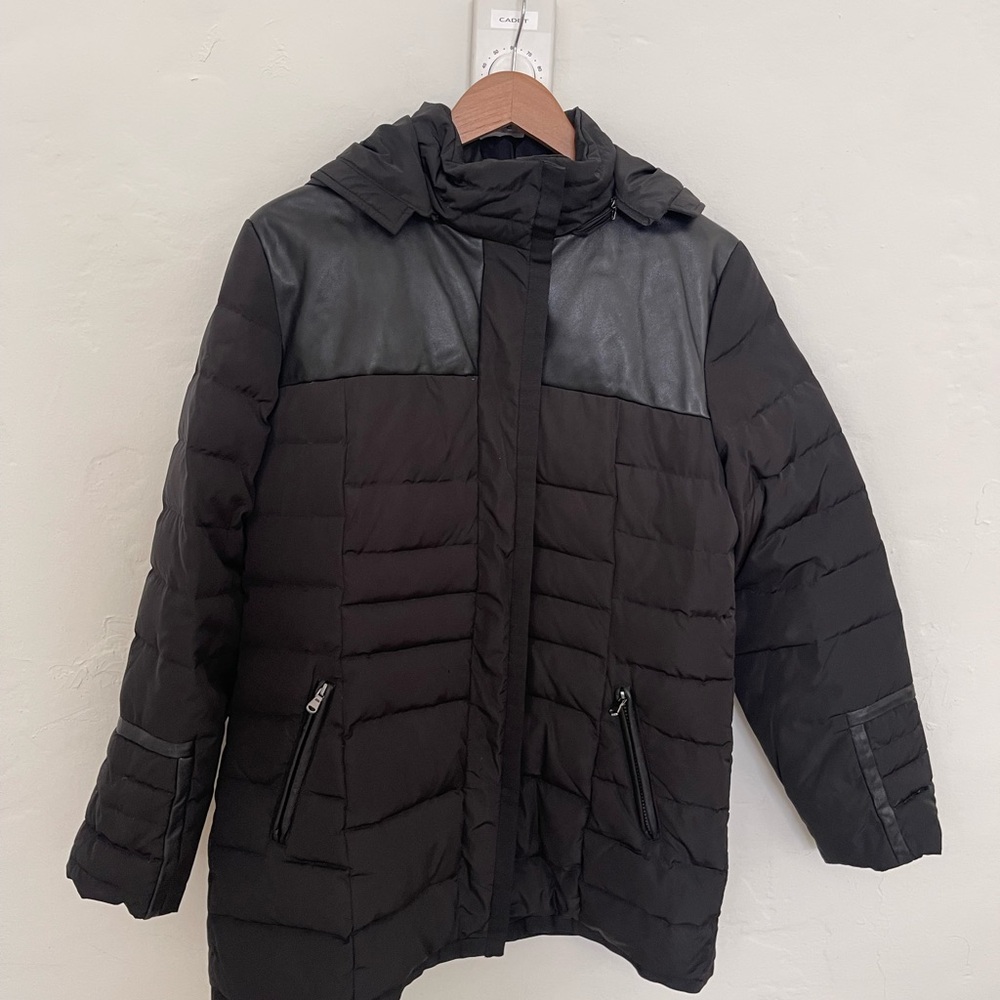 Zapa Paris Women’s Black Puffer Jacket with Leather Accents, Size EU 42 / US 10